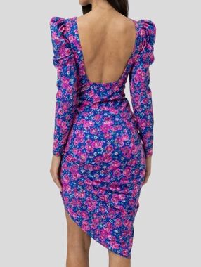 NWT For Love & Lemons Annie Ruched Floral Midi Dress Open Back Puff Sleeve S